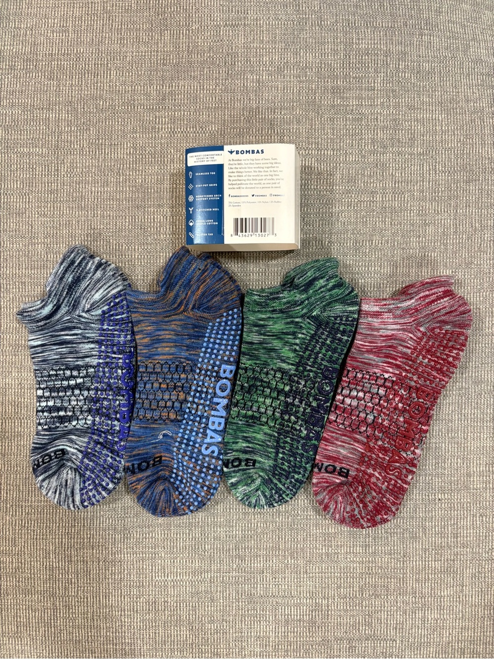 Bombas women gripper Sock 4-Pack — Blue, Orange-Blue, Green, Red